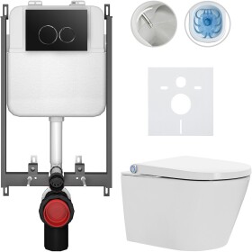 CERANO Závěsné WC s bidetem Basic/Cronus Standard - bílá lesklá - WC tlačítko Dualo/Černá - pro zazdění - 59,3x38,4 cm