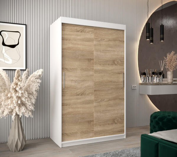 Šatní skříň Abi T0 s posuvnými dveřmi Barva korpusu: Bílá, Rozměry: 120 cm, Dveře: Dub sonoma