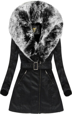 Černo-šedý kabát z ekologické kůže s kožešinovým límcem Libland (LD-5518) odstíny černé XL (42)