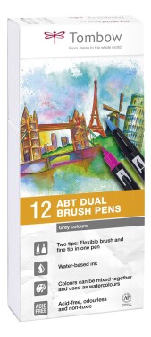 Tombow Tombow, ABT-12P-3, ABT Dual Brush pen, oboustranné popisovače, Grey tone, 12 ks