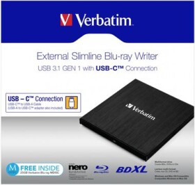 VERBATIM Slimline černá / Blu-ray + DVD externí vypalovačka / USB 3.1 Gen. 1 / USB-C (43889)
