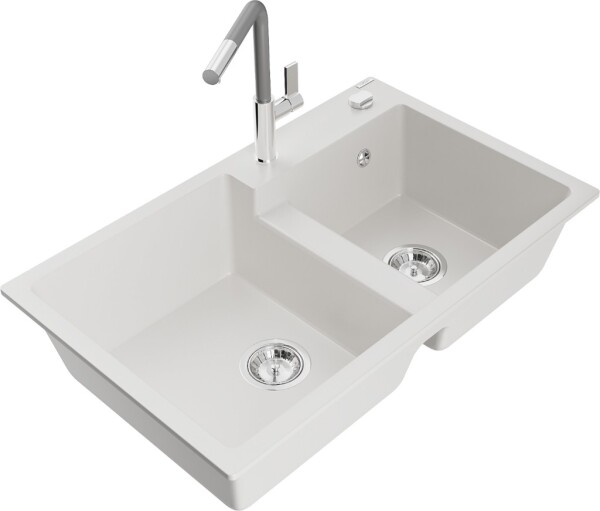 MEXEN/S - Tomas granitový dřez 2-bowl včetně baterie Flora, bílá 6516-20-670401-06