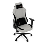 Herní křeslo, stříbrná látka, houpací mechanismus, polohování opěradla 90°-180°, 3D područky, polštáře z paměťové pěny,