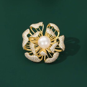 Brož s perlou a zirkony Sofia - květina, Zlatá Bílá