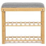 Botník / taburet, 2 police, masiv bambus, přírodní odstín, šedá látka