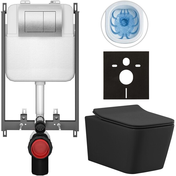 CERANO - Kompletní WC set Basic/Forte - černá matná - WC tlačítko Maxio/Stříbrná - pro zazdění - 51x36 CER-8050BD86401