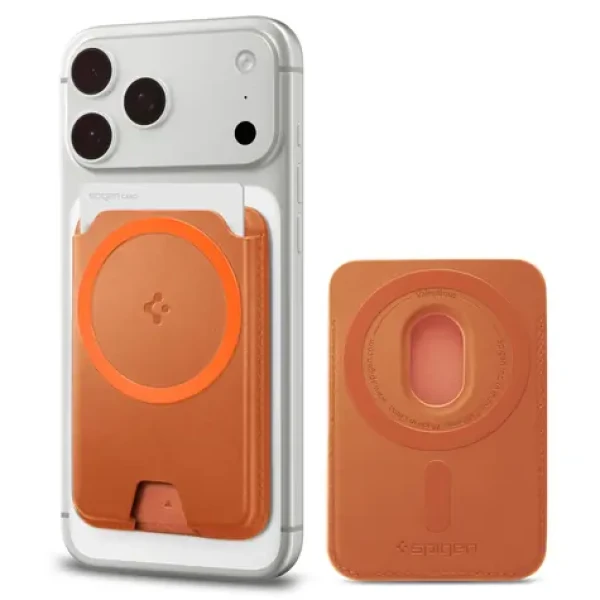 Spigen Valentinus MagFit+ metalická oranžová / Držák na karty / MagSafe / 3 karty / PU kůže (AFA11340)