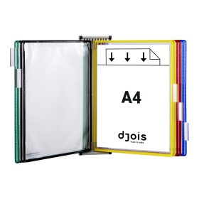 Djois nástěnný kovový držák s rámečky, 10 rámečků s kapsami A4 na výšku, rámečky mix barev, 1 set
