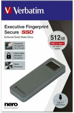 Verbatim SSD Executive Fingerprint Secure 512GB šedá / Externí SDD / USB 3.2 Gen.1 / čtení:344 MBs / zápis: 356MBs (53656)