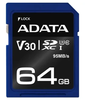 ADATA Premier Pro 64GB SDXC / UHS-I / U3 / V30 / CL10 / R: 95MBs / 60MBs (ASDX64GUI3V30S-R)