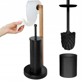 Erga Aurora Small Black, toaletní WC kartáč s dřevěným držákem na WC papír na postavení 19x19x56 cm, hnědá-černá, ERG-SEP-1340STLAZSBLA