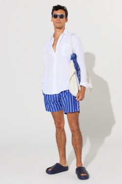 AC&Co Altınyıldız Classics Men's Navy-White Standard Fit, Regular Cut with Pockets Quick Drying Patterned Marine Shorts.