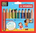 Pastelky STABILO Woody 3in1, sada 10 ks v pouzdru s ořezávátkem