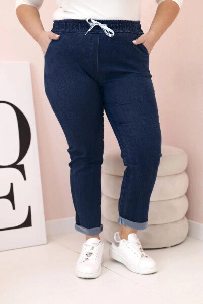 Dámské bavlněné kalhoty Plus Size s elastickým pasem a zavazováním tmavě džínové 5XL
