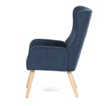 Křeslo, potah modrá manšestrová látka, dřevěné nohy, masiv kaučukovník