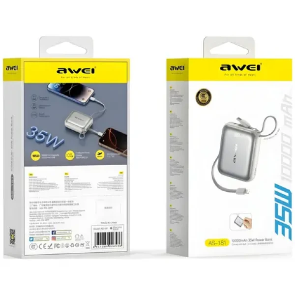 Awei AS-181 stříbrná / Powerbanka / 10000mAh / 35W / USB-C + Lightning kabel (AS-181)