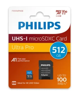 Philips microSDXC 512 GB + adaptér / Paměťová karta / Class 10 / UHS-I U3 / V30 / čtení 100 MB/s (FM51MP65B/00)