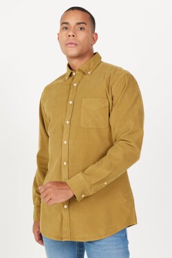 AC&Co Altınyıldız Classics Men's Oil Green Comfort Fit Wide Cut Button Collar Velvet Shirt