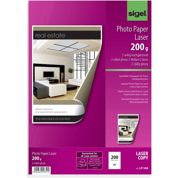 Sigel LP344 LP344 fotografický papír A4 200 g/m² 200 listů oboustranně potisknutelný, vysoce lesklý, optimalizovaný pro tisk laserem