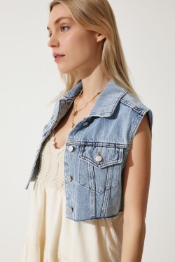 Happiness İstanbul Women's Ice Blue Crop Denim Vest