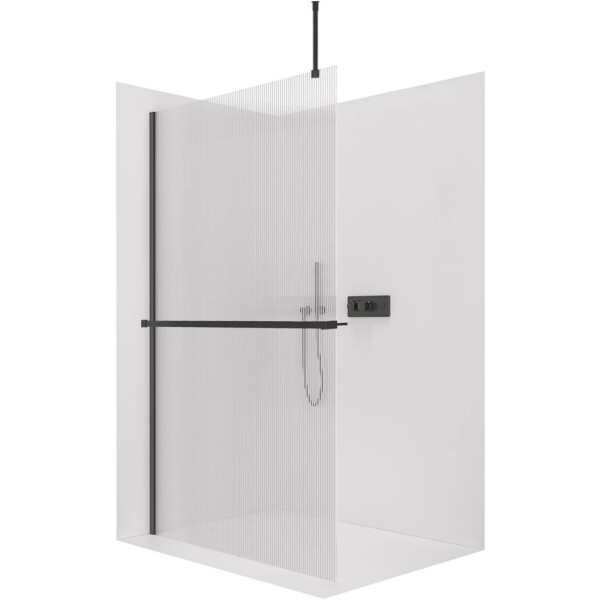 CERANO Sprchová zástěna Walk-in Onyx Top Round L/P - 8 mm - kulatá vzpěra + polička/držák na ručníky - černá matná, rýhované sklo - 100x200 cm