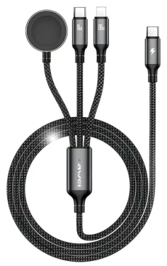 AWEI W23 3v1 černá / Nabíjecí kabel / USB-C / Lightning / pro hodinky / 1,2 m / 100W (W23)