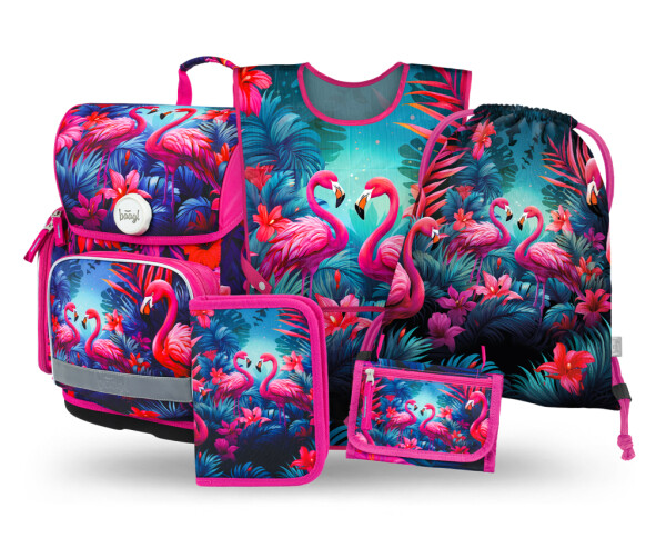 5 SET Ergo Plameňáci: aktovka, penál, sáček, zástěra, peněženka