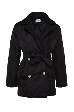 Trendyol Black Premium Oversized Beltted Stone Button Detailní vodoodpudivý prošívaný nafukovací kabát