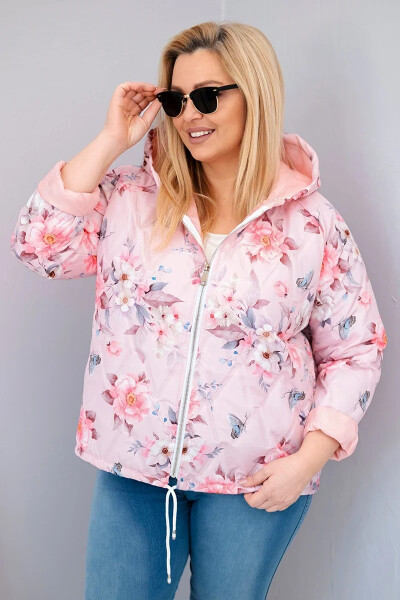 Dámská jarní prošívaná bunda Plus Size s kapucí a květinovým vzorem pudrově růžová UNI