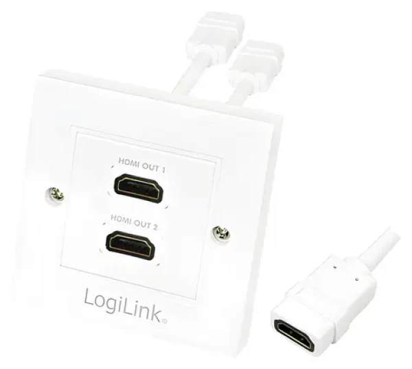 LogiLink HDMI zásuvka 2-portová bílá / Nástěnná zásuvka / HDMI 1.4 / 4K/30Hz / pozlacené konektory (AH0015)