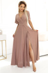 581-4 JENNIFER třpytivé dlouhé šaty s rukávy a výstřihem - MOCHA MOUSSE WITH BROKER S