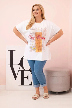 Dámská bavlněná halenka Plus Size s potiskem „Day Dream“ bílá + oranžová UNI