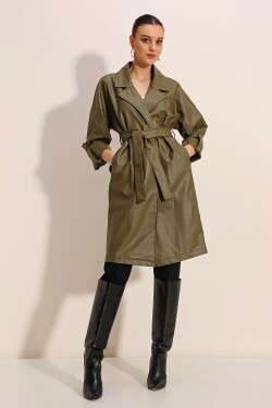 Bigdart 1034 Belted Faux Leather Trench Coat Khaki