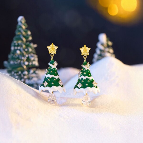 Visací vánoční náušnice ve tvaru stromečků se zirkonem, Zlatá