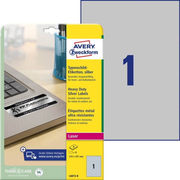 Avery-Zweckform L6013-8 typové štítky 210 x 297 mm poylesterová fólie stříbrná 8 ks trvalé laserová tiskárna, kopírka, ruční popis