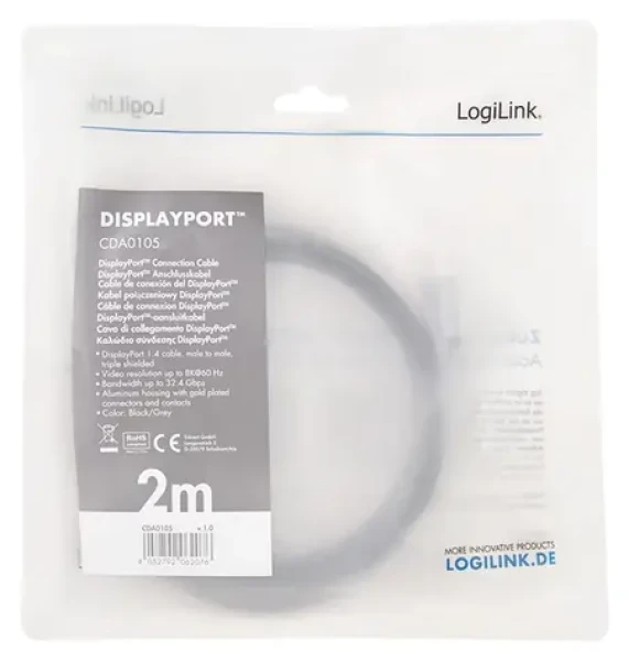 LogiLink DisplayPort 1.4 černo-šedá / Kabel DisplayPort / 2 m / 8K/60 Hz (CDA0105)