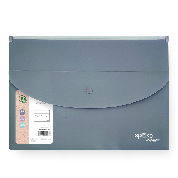 Spoko ReLeaf obálka se zipem, kapsa s drukem, A4, PP, SoftTouch, šedá - 6ks