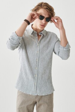 AC&Co / Altınyıldız Classics Men's White-khaki Slim Fit Slim Fit Button Collar Striped Shirt