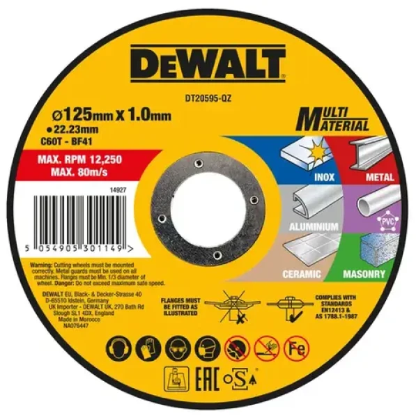 DeWALT DT20595 / Řezný kotouč na nerezovou ocel / Průměr 125 x 22.23 mm / Šířka 1.0 mm (DT20595)