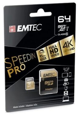EMTEC SpeedIN micro SDXC karta 64GB + adaptér SD / UHS-I / U3 / Class 10 / čtení: 95MBs / zápis: 90MBs / vhodné pro 4K (ECMSDM64GXC10SP)