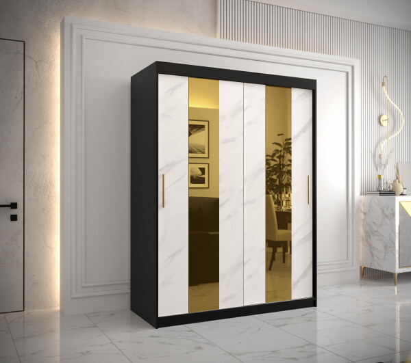 Šatní skříň Abi Golden Pole Barva korpusu: Černá, Rozměry: 150 cm, Dveře: Bílý mramor se zlatým zrcadlem