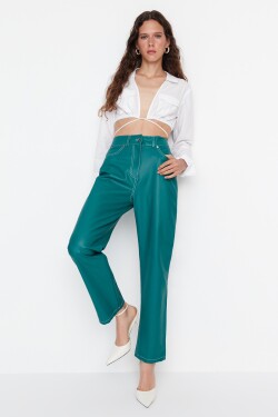 Trendyol Limitovaná edice zelených rovných tkaných kalhot umělé kůže