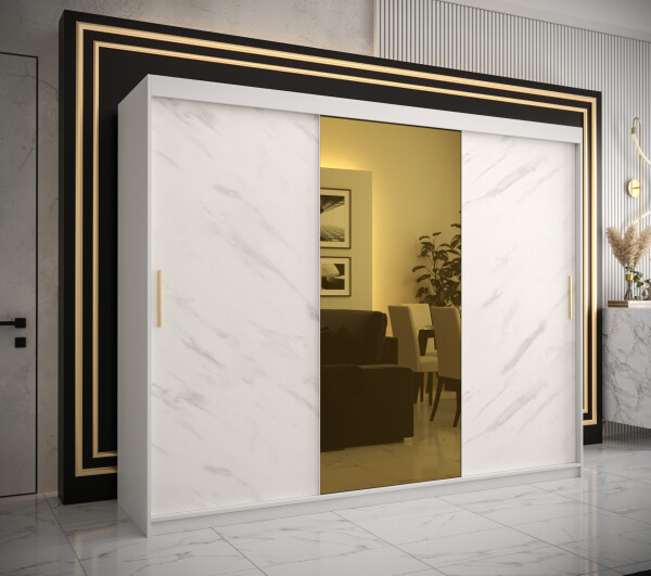 Šatní skříň Abi Golden T1 Barva korpusu: Bílá, Rozměry: 250 cm, Dveře: Bílý mramor se zlatým zrcadlem