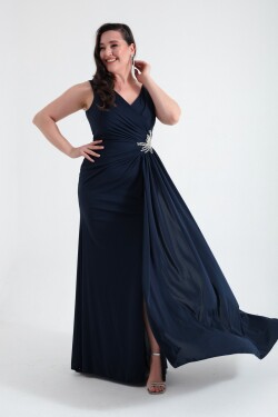 Lafaba Women's Navy Blue Double Breasted Neck Stone Plus Size Evening Dress