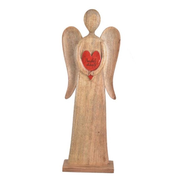 Dřevěný anděl s červeným srdcem MANGO 62 cm