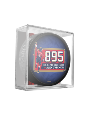 Inglasco / Sherwood Puk Washington Capitals NHL Alex Ovechkin 895 All-Time Goals Leader Collectors Souvenir Red Puck- In Cube Blue