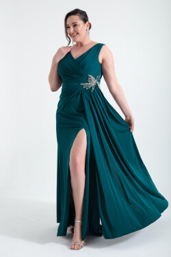 Lafaba Women's Emerald Green Double Breasted Neck Stone Plus Size Evening Dress