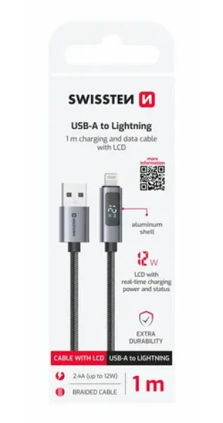 SWISSTEN Kabel USB-A na Lightning s LCD displejem 1m černá / 12W / USB-A (M) / Lightning (71551071)