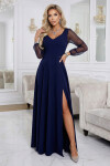 640-3 LORETTA jedinečné dlouhé šaty s tylovými rukávy a výstřihem - tmavě modré XXL