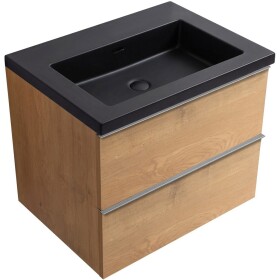 CERANO - Koupelnová skříňka Velora - dub medový, úchytka chrom + umyvadlo z lit. mramoru Ovo - černá matná - 70,5x58x46,5 CER-979976